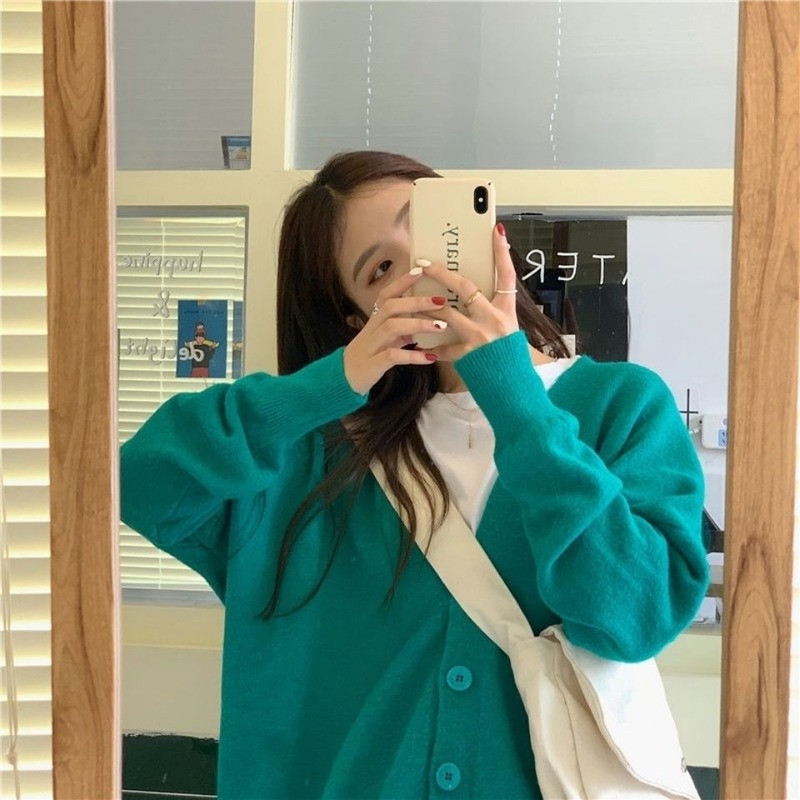 Ženski vintage opušteni kardigan, studentski, proljeće jesen, korejski stil, sveobuhvatni, pleteni, elegantni, jednobojni, jednobojni, v-izrez, jednostavni