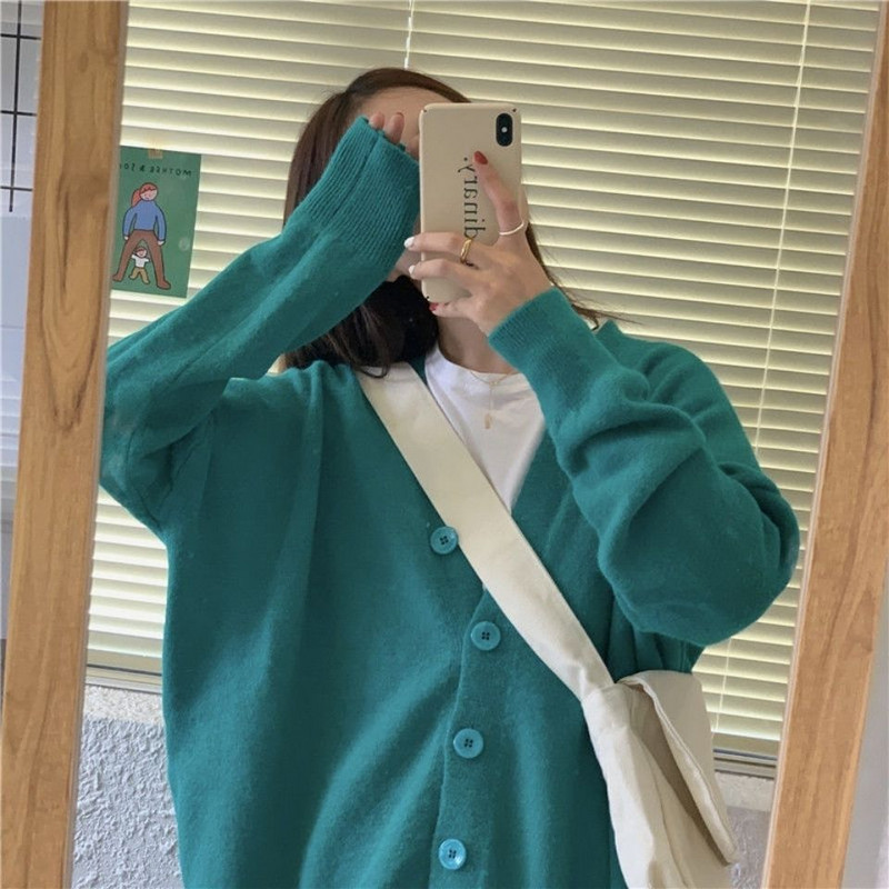 Ženski vintage opušteni kardigan, studentski, proljeće jesen, korejski stil, sveobuhvatni, pleteni, elegantni, jednobojni, jednobojni, v-izrez, jednostavni