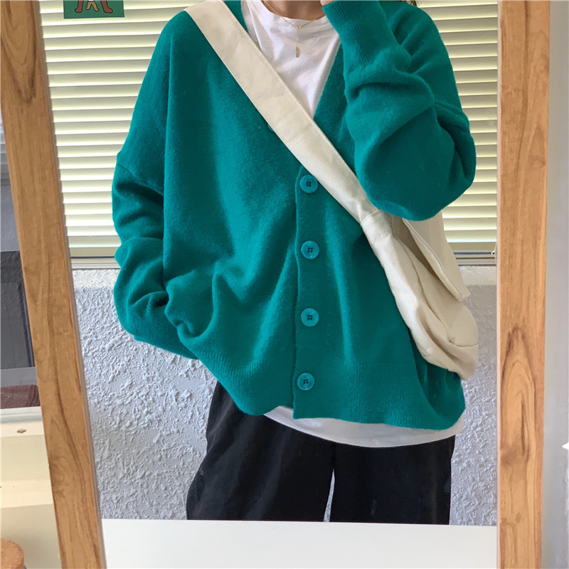 Ženski vintage opušteni kardigan, studentski, proljeće jesen, korejski stil, sveobuhvatni, pleteni, elegantni, jednobojni, jednobojni, v-izrez, jednostavni