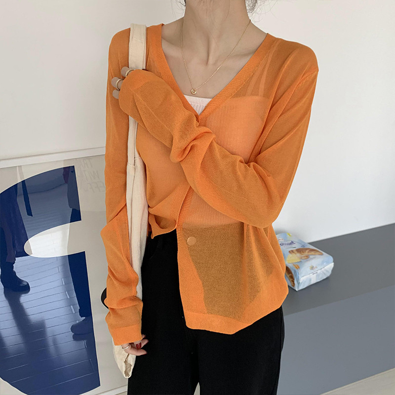 Ženski kardigan, široki V-izrez, ležerna, jednobojna, jednobojna, ljetna, tanka pletenina, dugih rukava, korejska kremasta boja, zaštita od sunca