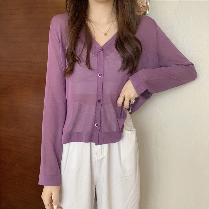 Ženski kardigan, široki V-izrez, ležerna, jednobojna, jednobojna, ljetna, tanka pletenina, dugih rukava, korejska kremasta boja, zaštita od sunca