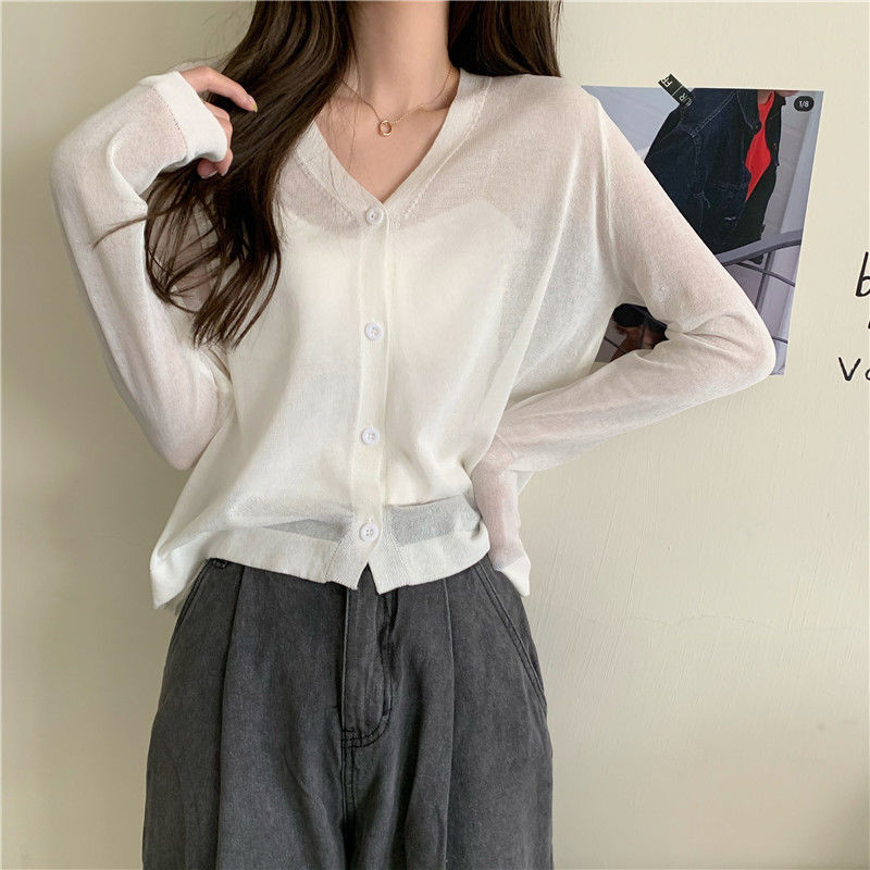 Ženski kardigan, široki V-izrez, ležerna, jednobojna, jednobojna, ljetna, tanka pletenina, dugih rukava, korejska kremasta boja, zaštita od sunca