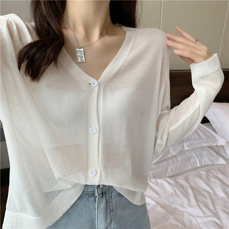 Ženski kardigan, široki V-izrez, ležerna, jednobojna, jednobojna, ljetna, tanka pletenina, dugih rukava, korejska kremasta boja, zaštita od sunca