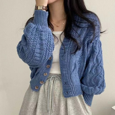 Cardigan de modă coreeană cu decolteu în V pentru femeie lungă cu mânecă lanternă, cu nasturi, largi, de culoare uni, pulover pentru femeie, top de tricotat dulce, Dropshipping