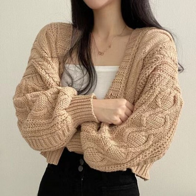 Cardigan de modă coreeană cu decolteu în V pentru femeie lungă cu mânecă lanternă, cu nasturi, largi, de culoare uni, pulover pentru femeie, top de tricotat dulce, Dropshipping