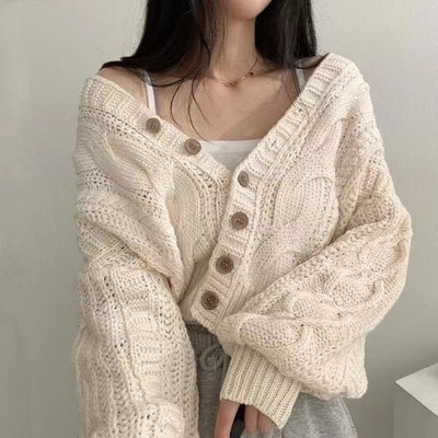 Cardigan de modă coreeană cu decolteu în V pentru femeie lungă cu mânecă lanternă, cu nasturi, largi, de culoare uni, pulover pentru femeie, top de tricotat dulce, Dropshipping