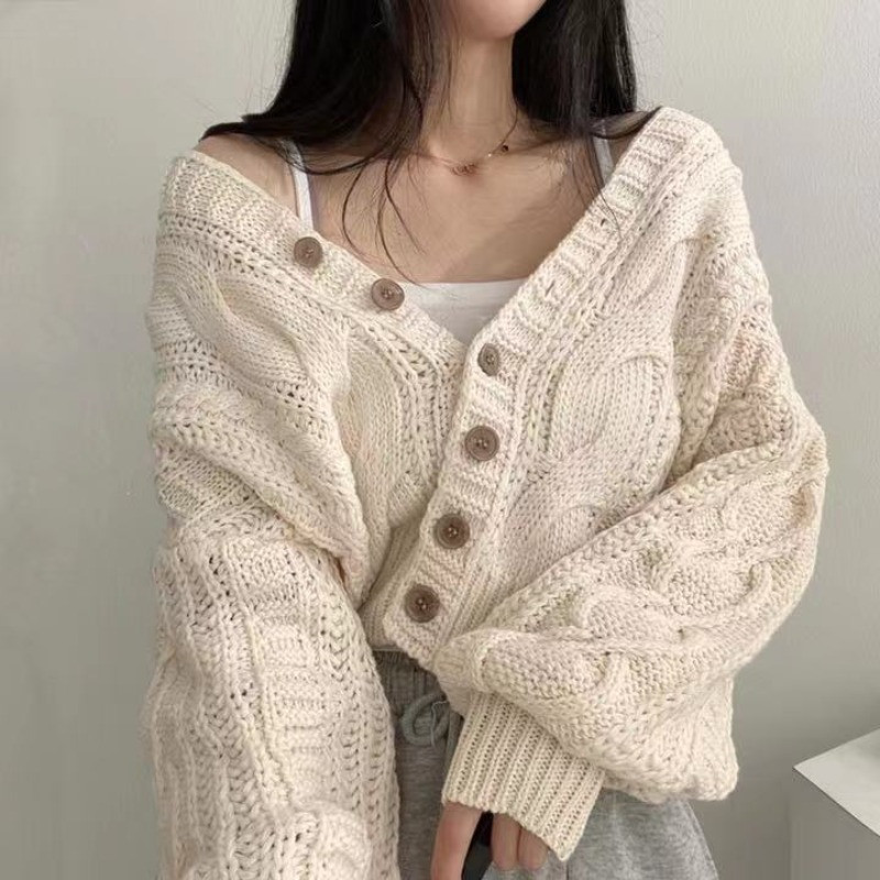 Cardigan de modă coreeană cu decolteu în V pentru femeie lungă cu mânecă lanternă, cu nasturi, largi, de culoare uni, pulover pentru femeie, top de tricotat dulce, Dropshipping