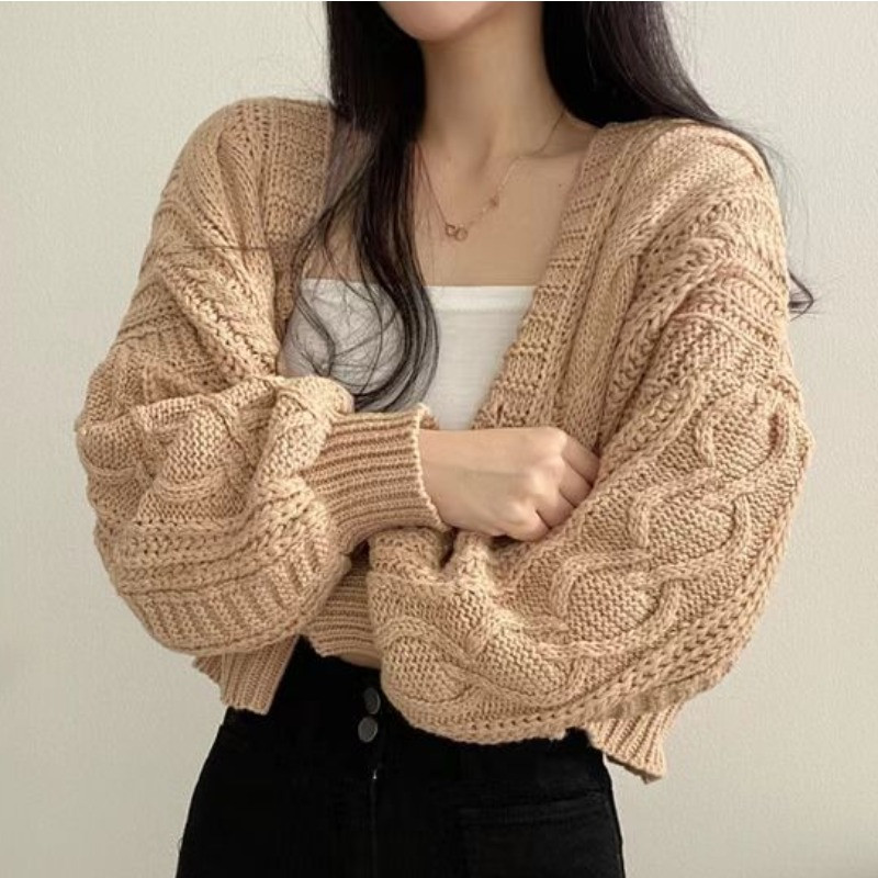 Cardigan de modă coreeană cu decolteu în V pentru femeie lungă cu mânecă lanternă, cu nasturi, largi, de culoare uni, pulover pentru femeie, top de tricotat dulce, Dropshipping