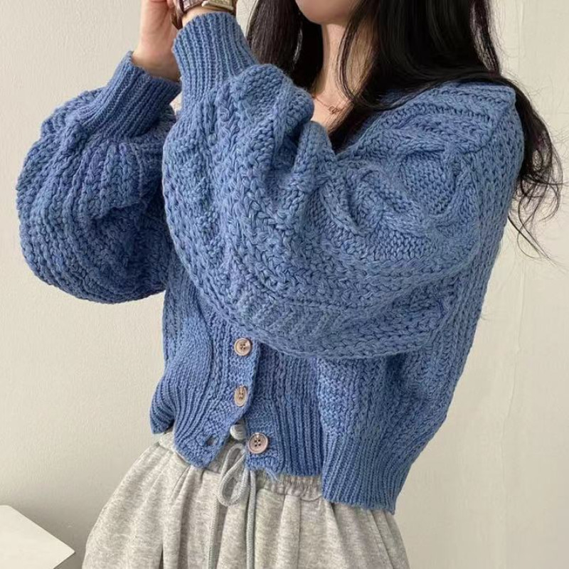 Cardigan de modă coreeană cu decolteu în V pentru femeie lungă cu mânecă lanternă, cu nasturi, largi, de culoare uni, pulover pentru femeie, top de tricotat dulce, Dropshipping