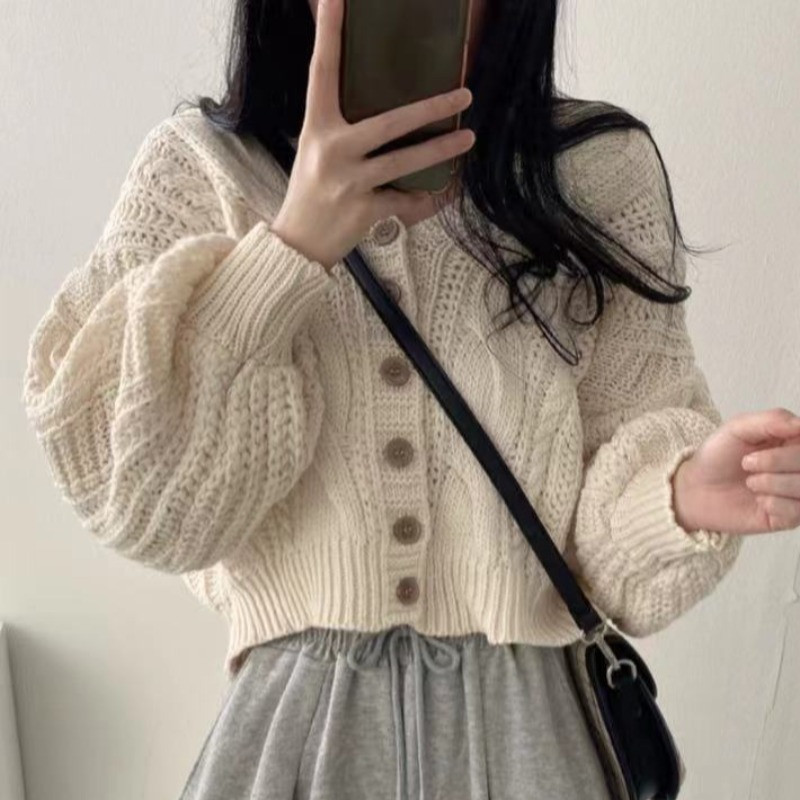 Cardigan de modă coreeană cu decolteu în V pentru femeie lungă cu mânecă lanternă, cu nasturi, largi, de culoare uni, pulover pentru femeie, top de tricotat dulce, Dropshipping