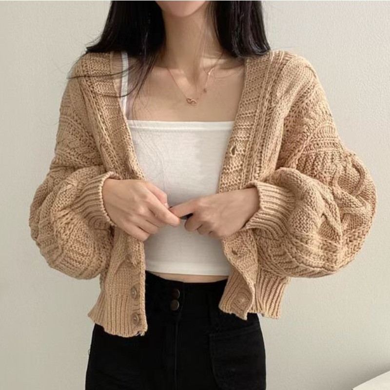Cardigan de modă coreeană cu decolteu în V pentru femeie lungă cu mânecă lanternă, cu nasturi, largi, de culoare uni, pulover pentru femeie, top de tricotat dulce, Dropshipping