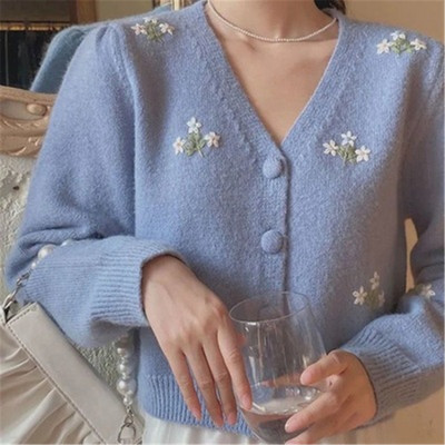 Moodsad kampsunid Naiste V-kaelusega kardigan, sobiv Lihtne naiste kudum Vintage tikandid Sweet College Preppy Stiil Kevad