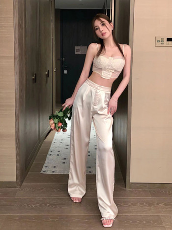 ADAgirl Acetate σατέν φαρδύ παντελόνι Γυναικείο Y2k Λευκό ψηλόμεσο φαρδύ παντελόνι στο πόδι Streetwear Fashion Casual Κορεάτικο Mujer Pantalon