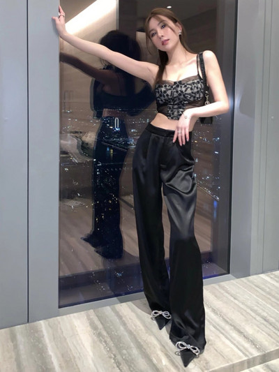 ADAgirl Pantaloni largi din satin din acetat femei Y2k Pantaloni albi cu talie înaltă cu picioare largi Streetwear Fashion Casual coreeană