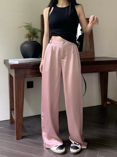 ADAgirl Pantaloni largi din satin din acetat femei Y2k Pantaloni albi cu talie înaltă cu picioare largi Streetwear Fashion Casual coreeană