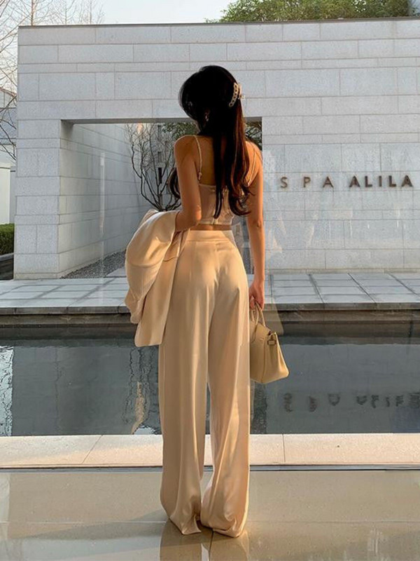 ADAgirl Pantaloni largi din satin din acetat femei Y2k Pantaloni albi cu talie înaltă cu picioare largi Streetwear Fashion Casual coreeană