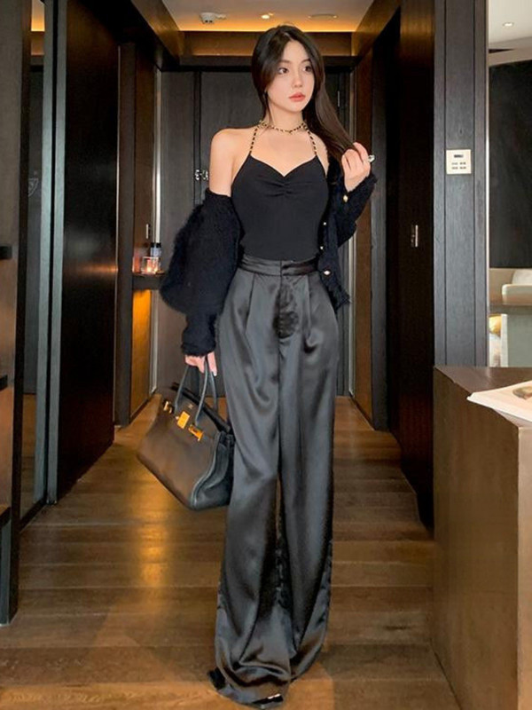 ADAgirl Pantaloni largi din satin din acetat femei Y2k Pantaloni albi cu talie înaltă cu picioare largi Streetwear Fashion Casual coreeană