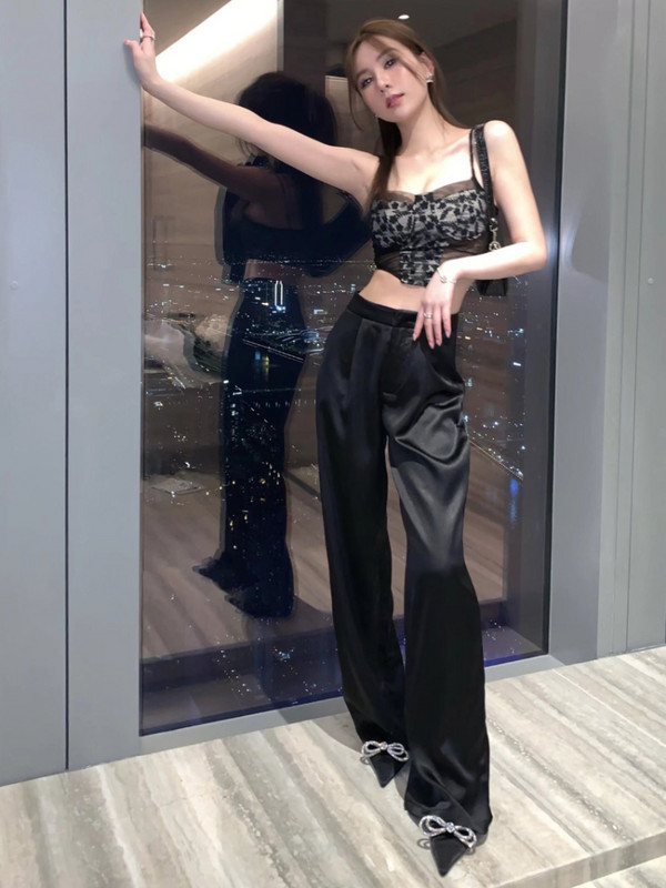 ADAgirl Pantaloni largi din satin din acetat femei Y2k Pantaloni albi cu talie înaltă cu picioare largi Streetwear Fashion Casual coreeană