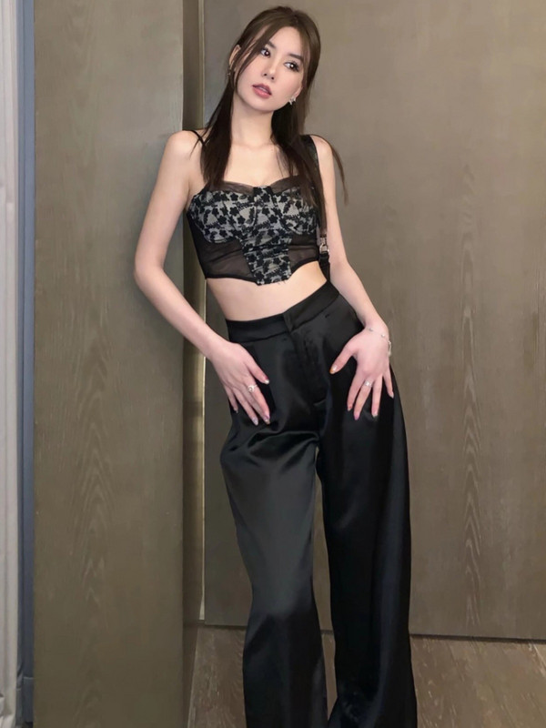 ADAgirl Pantaloni largi din satin din acetat femei Y2k Pantaloni albi cu talie înaltă cu picioare largi Streetwear Fashion Casual coreeană