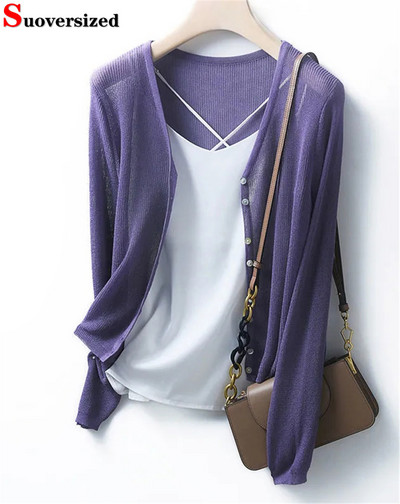 Pleteni kaput od tanke ledene svile za zaštitu od sunca Skraćeni ležerni izdubljeni kardigan Ženski ljetni elegantni V-izrez Gornje korejske pletiva Novo