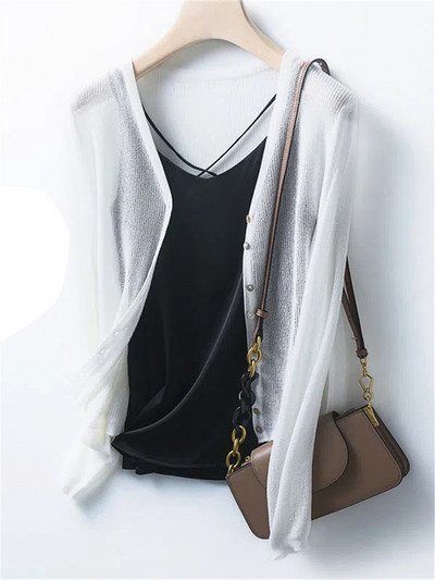 Pleteni kaput od tanke ledene svile za zaštitu od sunca Skraćeni ležerni izdubljeni kardigan Ženski ljetni elegantni V-izrez Gornje korejske pletiva Novo