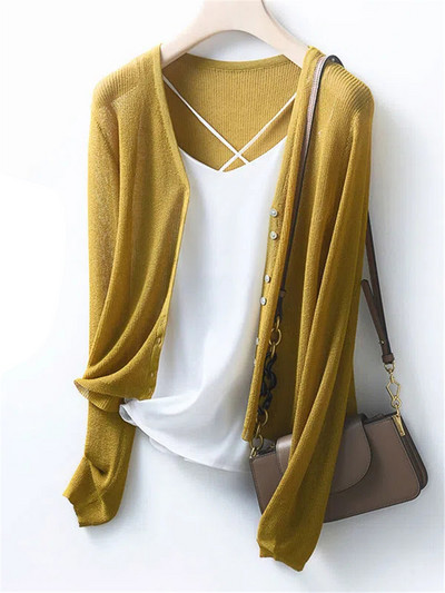 Pleteni kaput od tanke ledene svile za zaštitu od sunca Skraćeni ležerni izdubljeni kardigan Ženski ljetni elegantni V-izrez Gornje korejske pletiva Novo