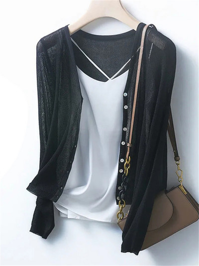 Pleteni kaput od tanke ledene svile za zaštitu od sunca Skraćeni ležerni izdubljeni kardigan Ženski ljetni elegantni V-izrez Gornje korejske pletiva Novo
