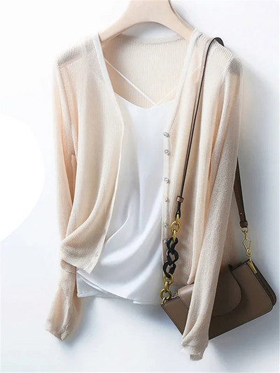 Pleteni kaput od tanke ledene svile za zaštitu od sunca Skraćeni ležerni izdubljeni kardigan Ženski ljetni elegantni V-izrez Gornje korejske pletiva Novo