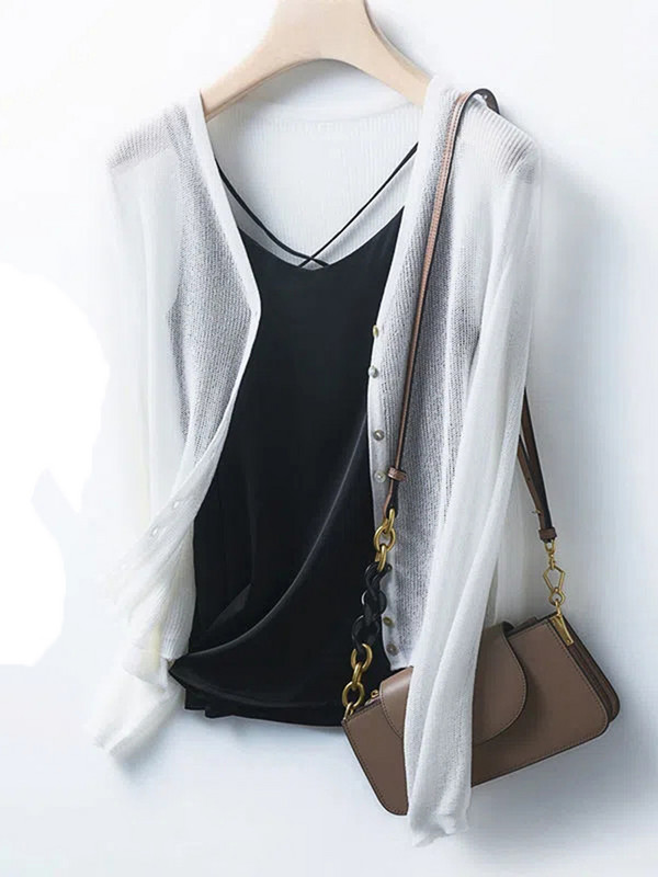 Pleteni kaput od tanke ledene svile za zaštitu od sunca Skraćeni ležerni izdubljeni kardigan Ženski ljetni elegantni V-izrez Gornje korejske pletiva Novo