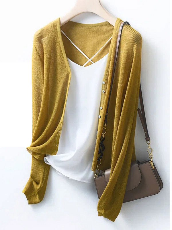 Pleteni kaput od tanke ledene svile za zaštitu od sunca Skraćeni ležerni izdubljeni kardigan Ženski ljetni elegantni V-izrez Gornje korejske pletiva Novo