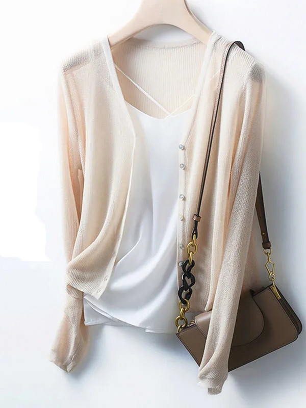 Pleteni kaput od tanke ledene svile za zaštitu od sunca Skraćeni ležerni izdubljeni kardigan Ženski ljetni elegantni V-izrez Gornje korejske pletiva Novo