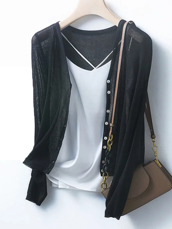 Pleteni kaput od tanke ledene svile za zaštitu od sunca Skraćeni ležerni izdubljeni kardigan Ženski ljetni elegantni V-izrez Gornje korejske pletiva Novo