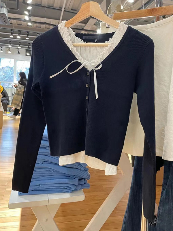 Vintage soliidsed kootud kardiganid naiste vabaaja kevade V kaelusega pikkade varrukatega puuvillane kampsun Naiste magus šikk õhuke Y2k topid 2023