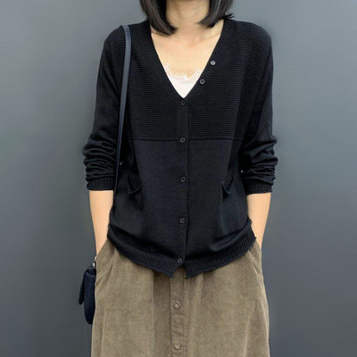 Μακριά πουλόβερ V Μπλουζάκια με λαιμόκοψη Πουλόβερ Κασμίρ Ζακέτες Γυναικεία Y2k Vintage Καφέ Πλεκτή Ζακέτα με κροσέ για γυναίκες 2023 Trend Black