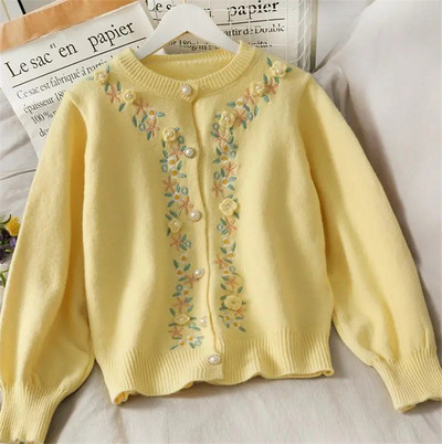 2021. aasta sügistalvine magusate lilletikanditega kootud kardiganid Korea elegants, šikk pärlinööbiga O-kaelusega pikkade varrukatega soe kampsun