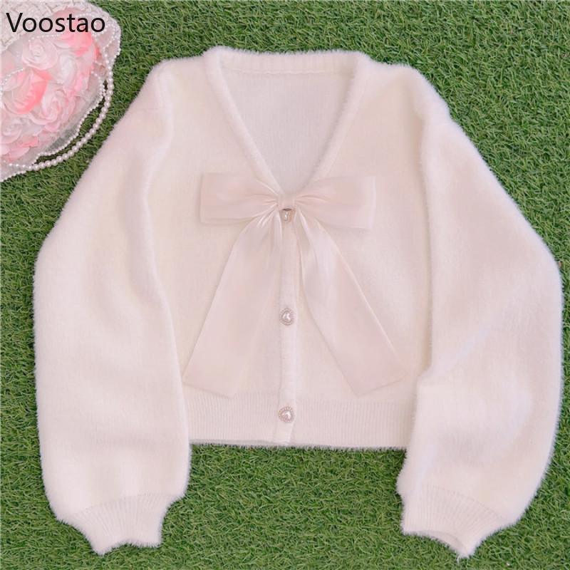 Pleteni kardigan slatke Lolita princeze Ženski kawaii džemper s V-izrezom i slobodna mašna Kaput Ženski ležerni gornji dijelovi od pletiva od imitacije nerca