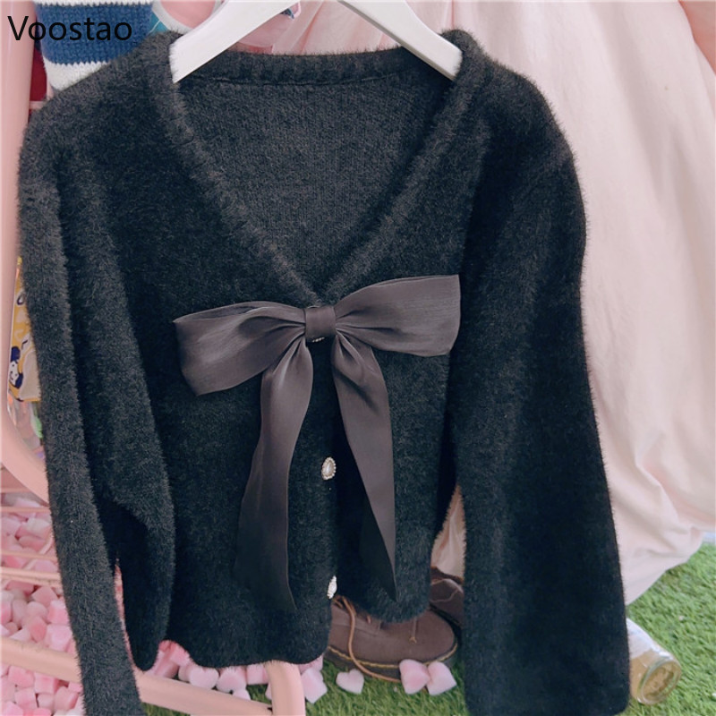 Pleteni kardigan slatke Lolita princeze Ženski kawaii džemper s V-izrezom i slobodna mašna Kaput Ženski ležerni gornji dijelovi od pletiva od imitacije nerca