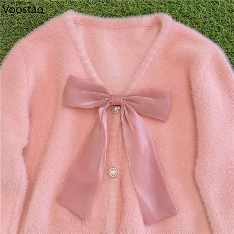 Pleteni kardigan slatke Lolita princeze Ženski kawaii džemper s V-izrezom i slobodna mašna Kaput Ženski ležerni gornji dijelovi od pletiva od imitacije nerca