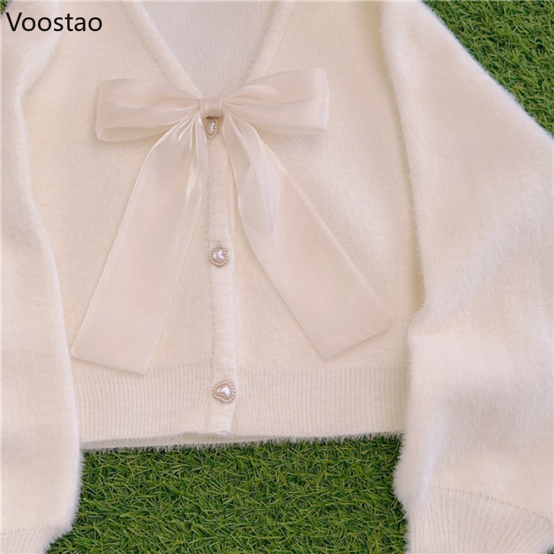 Pleteni kardigan slatke Lolita princeze Ženski kawaii džemper s V-izrezom i slobodna mašna Kaput Ženski ležerni gornji dijelovi od pletiva od imitacije nerca