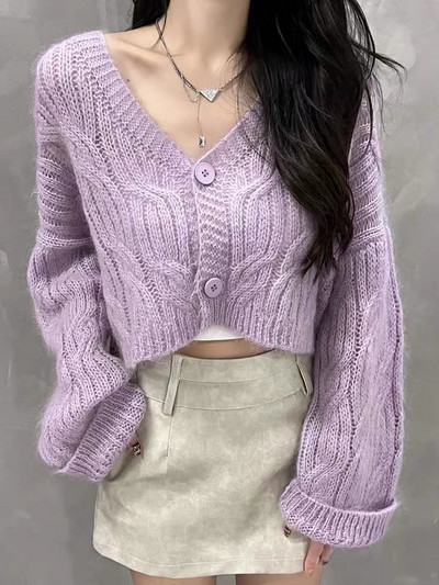 Jielur Jesen, novi jednobojni kardigan, ženski ležerni široki pleteni kardigan, ružičasta marelica, ljubičasta, uski ulični šik kardigan