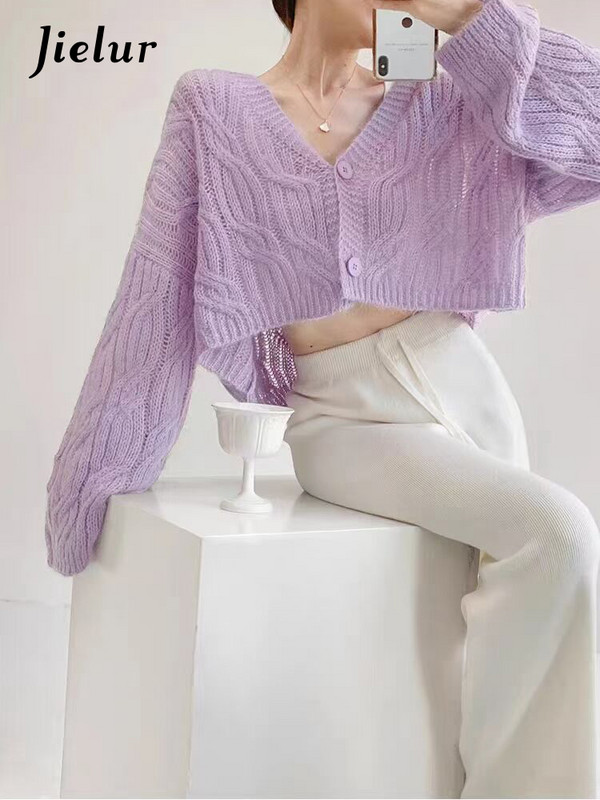 Jielur Jesen, novi jednobojni kardigan, ženski ležerni široki pleteni kardigan, ružičasta marelica, ljubičasta, uski ulični šik kardigan