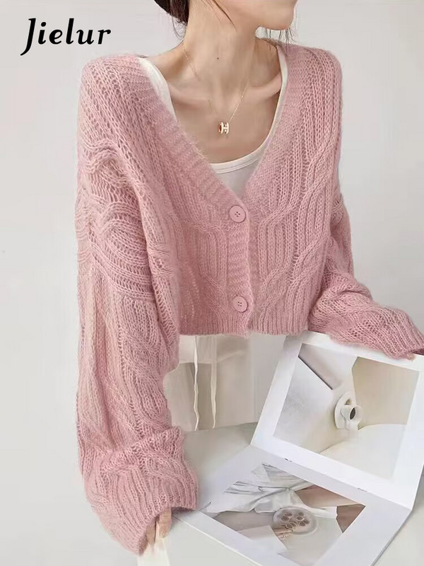 Jielur Jesen, novi jednobojni kardigan, ženski ležerni široki pleteni kardigan, ružičasta marelica, ljubičasta, uski ulični šik kardigan