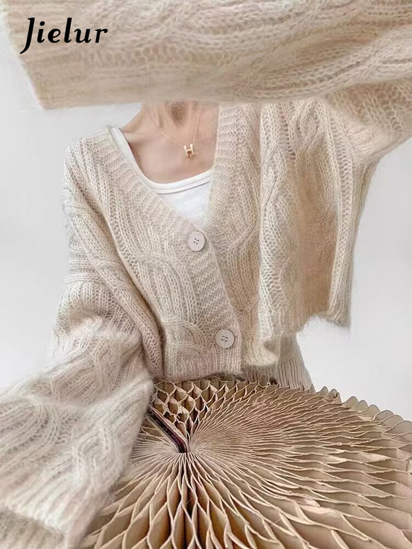 Jielur Jesen, novi jednobojni kardigan, ženski ležerni široki pleteni kardigan, ružičasta marelica, ljubičasta, uski ulični šik kardigan