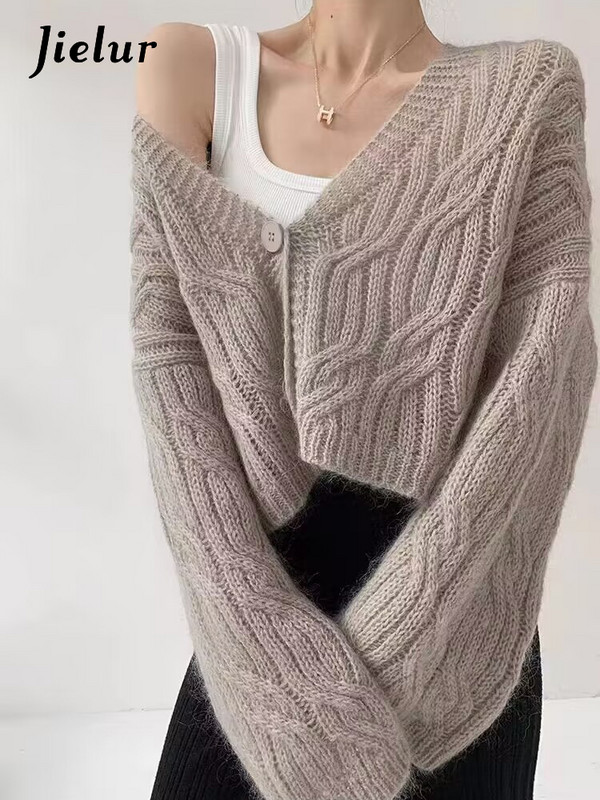 Jielur Jesen, novi jednobojni kardigan, ženski ležerni široki pleteni kardigan, ružičasta marelica, ljubičasta, uski ulični šik kardigan