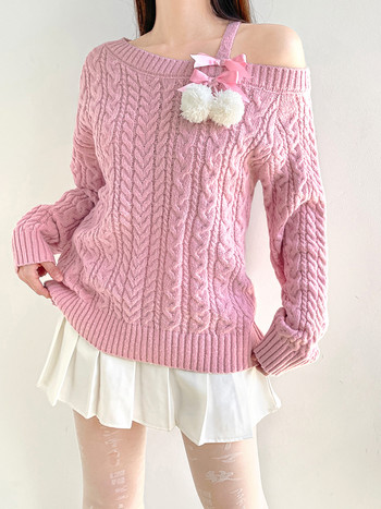 IAMHOTTY Естетичен розов пуловер с дантелена панделка Kawaii Loose Twist Плетен пуловер Lolita Japanese Style Jumper Fairycore