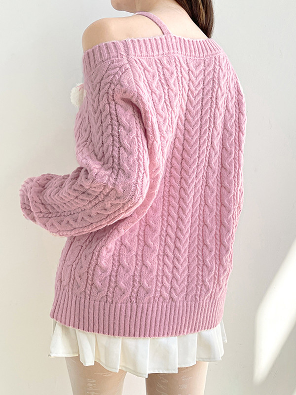 IAMHOTTY Estetska krznena mašna na vezanje, ružičasti pulover Kawaii opušteni pleteni pulover Lolita u japanskom stilu Fairycore