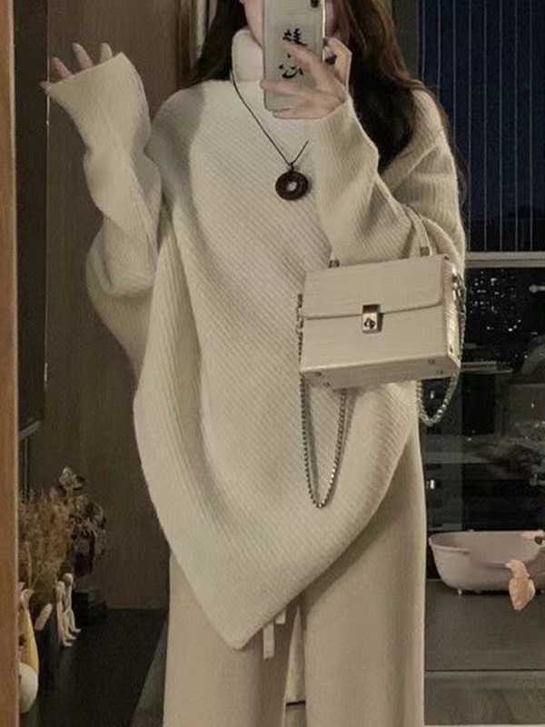 Zimske dolčevite Ženski korejski nepravilni pleteni džemper Ženski topli jednobojni puloveri Ženski ležerni široki džemper dugih rukava