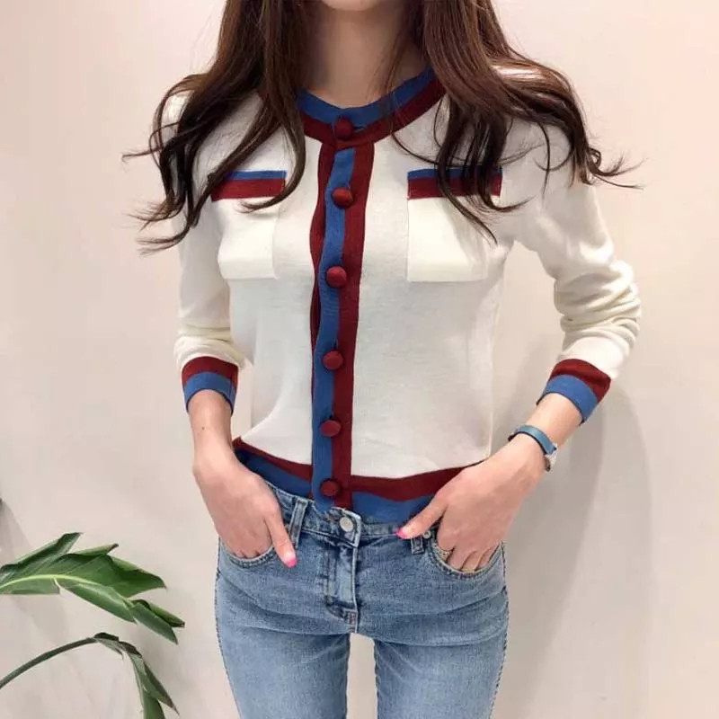 2022. aasta kevade kootud kampsun kardigan naiste pikkade varrukatega O-kaelusega lõdva üherealise kontrastvärviga õhuke kampsun jakk džemprid