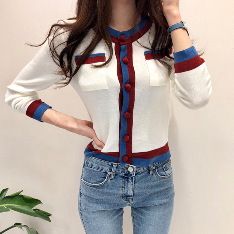 2022. aasta kevade kootud kampsun kardigan naiste pikkade varrukatega O-kaelusega lõdva üherealise kontrastvärviga õhuke kampsun jakk džemprid