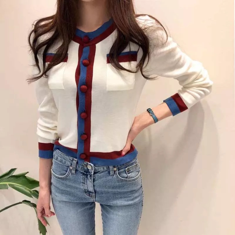 2022. aasta kevade kootud kampsun kardigan naiste pikkade varrukatega O-kaelusega lõdva üherealise kontrastvärviga õhuke kampsun jakk džemprid